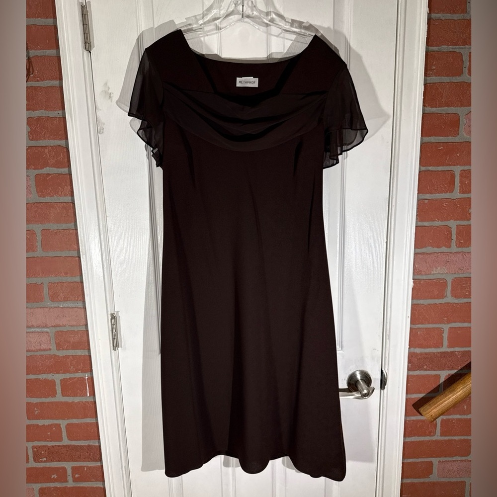 Metaphor Chocolate Brown A-Line Midi Dress with Flutter Sleeves and Neckline